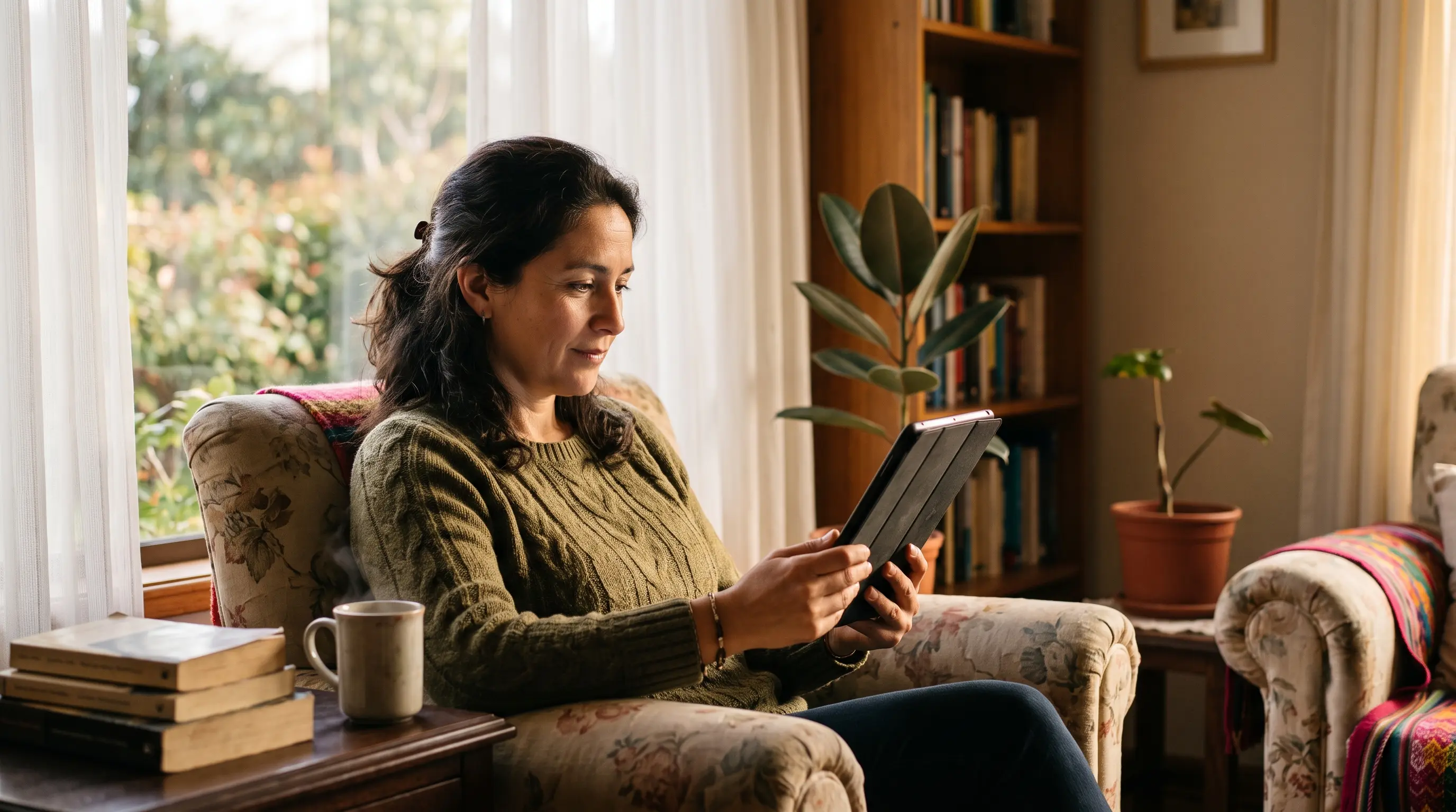 Mujer sentada en un sillón junto a la ventana, leyendo con calma en una tablet, con libros y una taza al lado
