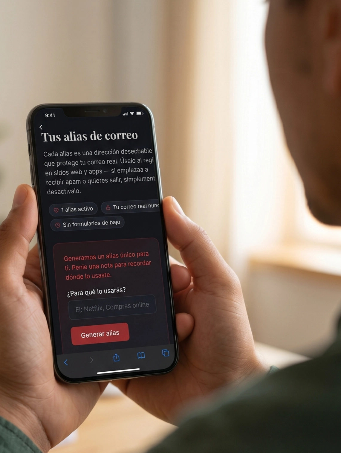 Vista de la función de alias de correo de HuellaSafe