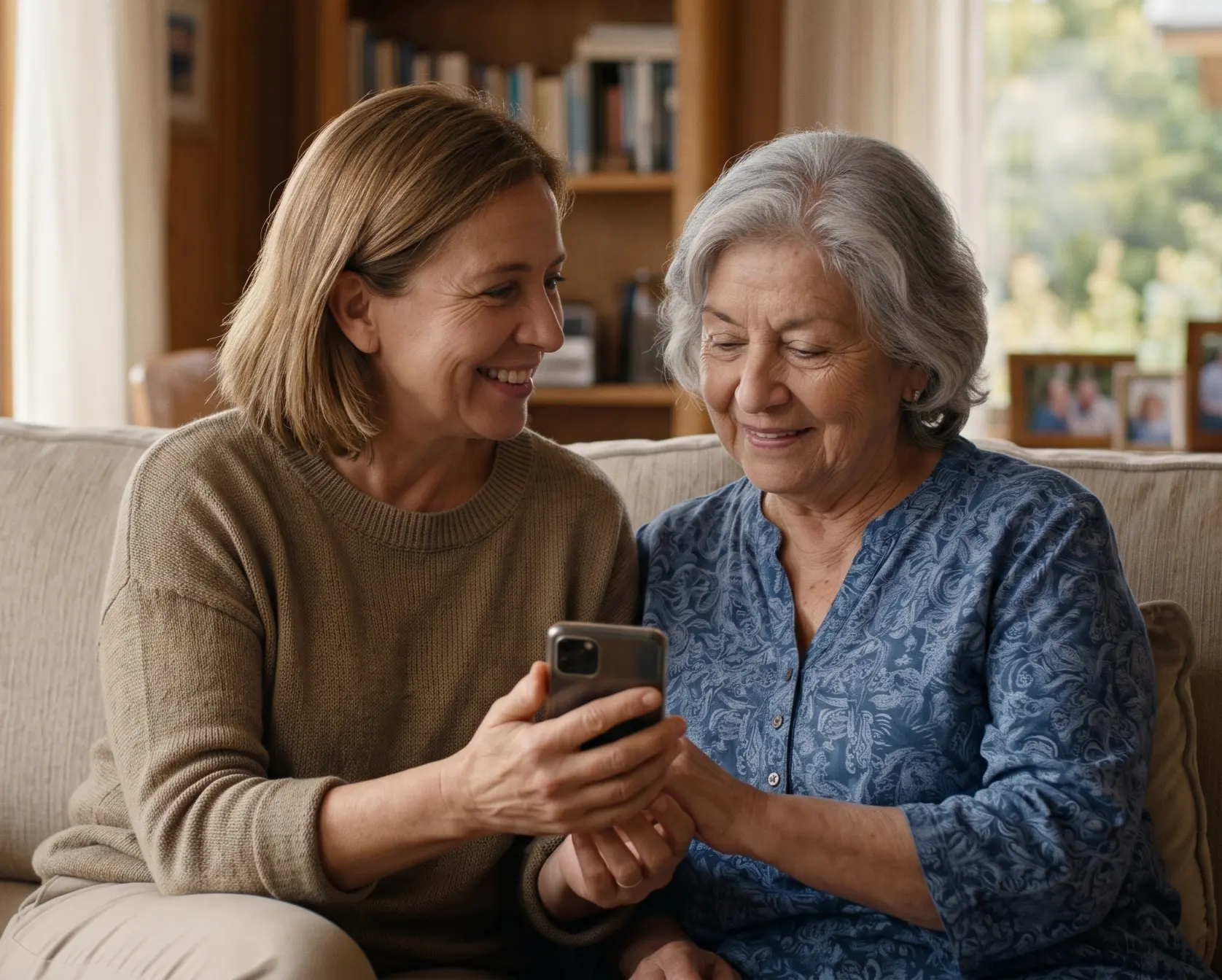 Una adulta y su madre mayor mirando juntas un teléfono en un living cálido, revisando su protección familiar