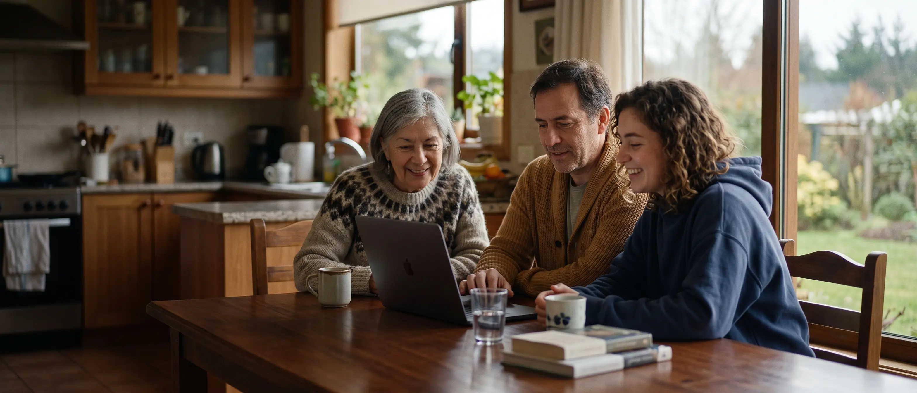 Familia de distintas generaciones frente a una laptop en un entorno hogareño cálido